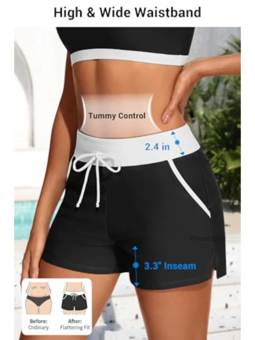 3 Piece Tankini with High Waisted Shorts & Sports Bra, Adjustable Straps,